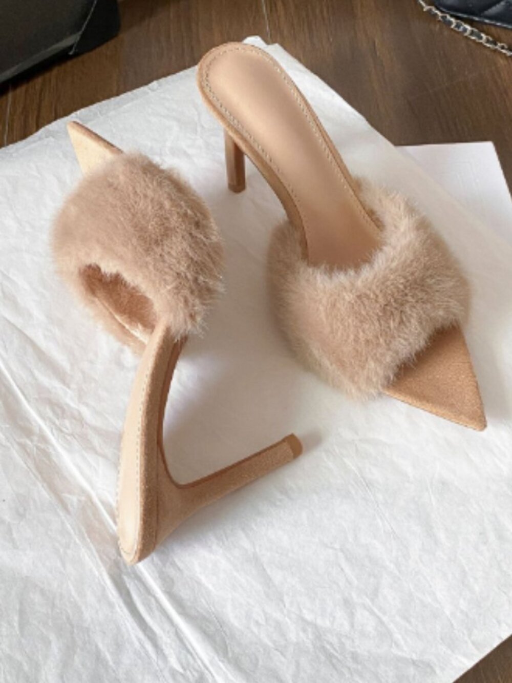 Nude Faux Fur Pointed Toe Mule High Heel Slip‑On Sandals